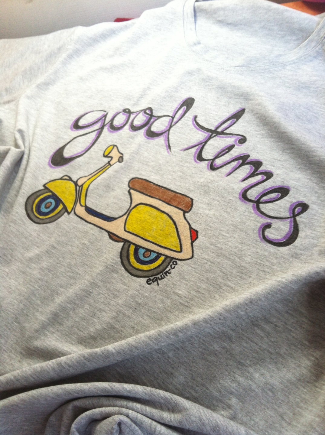 "Good times" lettering and vespa illustration, designed and hand-painted by equin-co designs. (Close up)